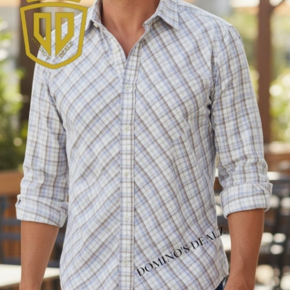 GUESS Long‎ Sleeved Men's Shirt 100% Cotton Size M - Blue/Beige/White